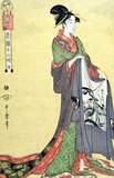 During the Edo period (1603 - 1868), the Japanese clock was divided into twelve units of time, or ‘hours’, with each one named after one of the zodiacal symbols of the lunar calendar, and with the day being divided up into six daytime hours and six night-time hours.<br/><br/>

This woodblock print is taken from Kitagawa Utamaro's 1794-1795 <i>ukiyo-e</i> series 'Twelve Hours of the Green Rooms', sometimes styled 'Twelve Hours of the Yoshiwara', featuring everyday events in the lives of courtesans in Edo's Yoshiwara pleasure district.<br/><br/>

It is the hour of the Hare, around six o’clock in the morning. A courtesan holds a customer’s coat as he prepares to go home. This coat is adorned with a valuable lining embellished with a portrait of Bodhidharma (Japanese: Daruma), the patriarch of the Zen sect, painted by an artist of the Kano school, Suzuki Rinsho (1732 – 1803).