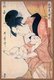 Kitagawa Utamaro, perhaps the most celebrated artist of the 'bijin' genre of portraying beautiful women, was fascinated by images of mother and child in daily life.<br/><br/>

This print belongs to a series entitled <i>Fuzoku Bijin Tokei</i> ( Daily Customs of Beautiful Women). To illustrate midnight, Utamaro has chosen a mother who sleepily emerges from her mosquito net to attend to her child, who rubs the sleep from his eyes.